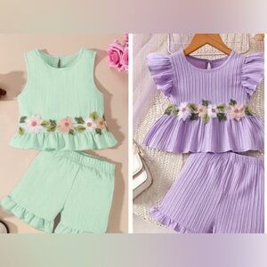 Baby Girl 12-18 m Floral Embroidered Two-Piece Sets Mint& Lavender Summer Shorts